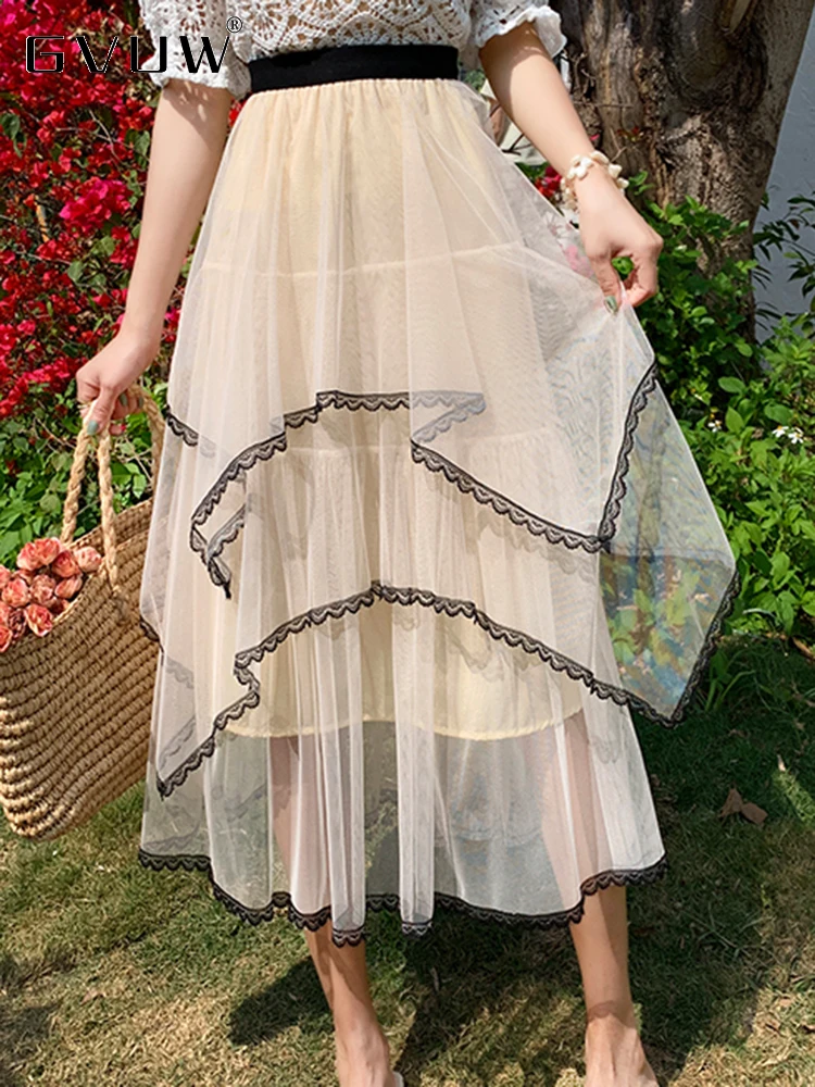 

GVUW Gauze Patchwork Color Skirts For Women Elastic Wasit Mesh Irregular Female Elegant Casual 2023 Summer New Clothing 17J1260