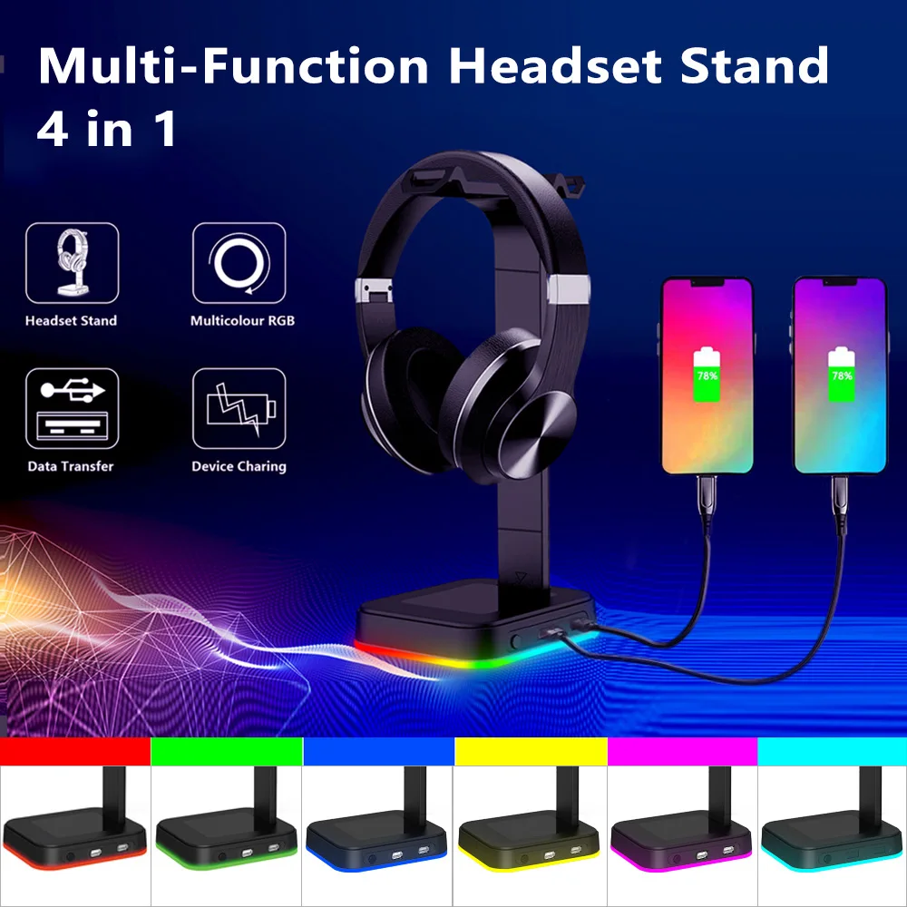 

Цветной RGB-кронштейн для наушников, меняющий цвет, гарнитура, спортивный кронштейн, Ослепительная игровая стойка для наушников, дисплей, двойной USBhub