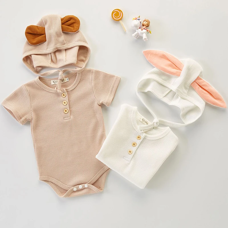 

Комбинезоны для маленьких девочек + шапка с коротким рукавом, хлопковый однотонный вафельный комбинезон для новорожденных, одежда для мале...