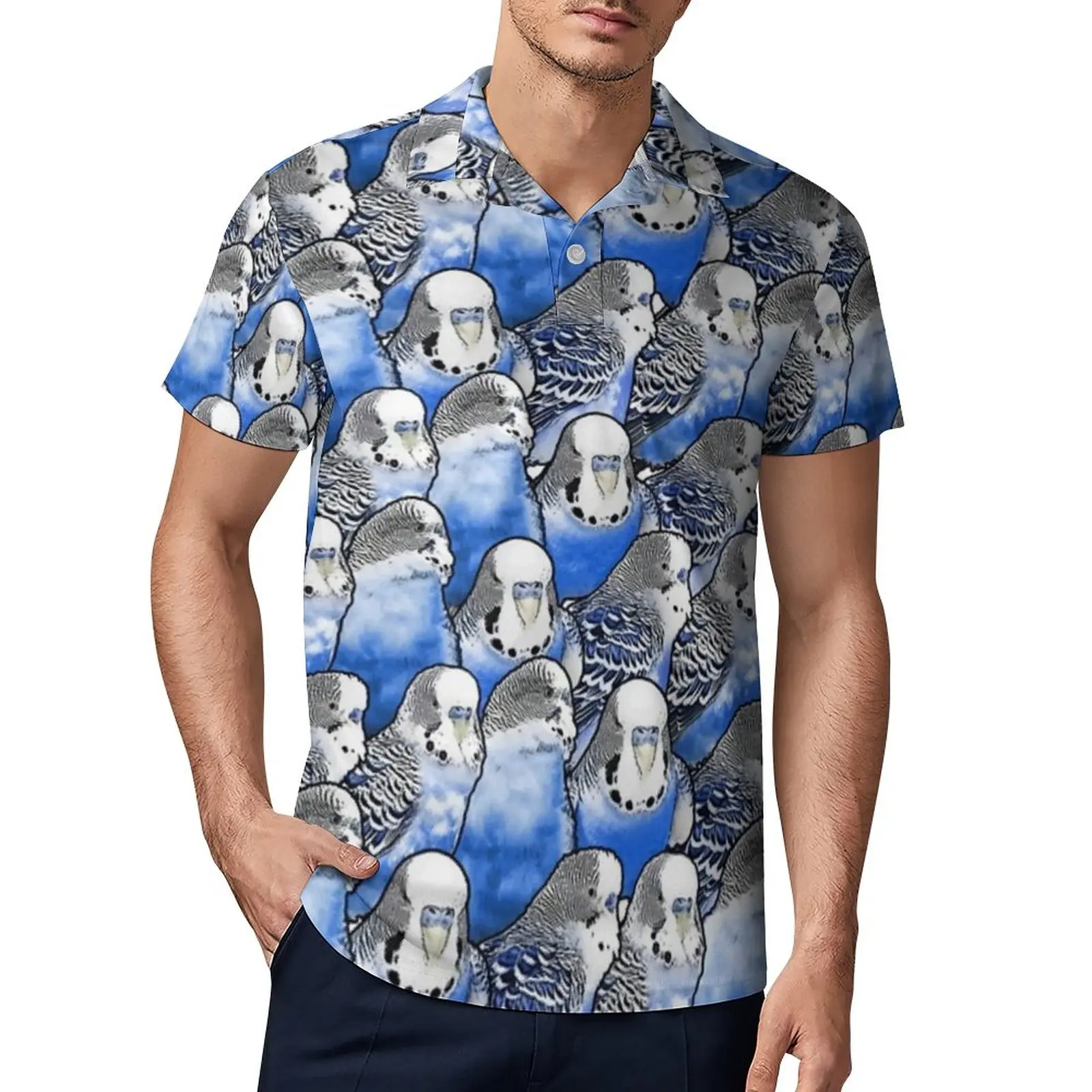 

Cool Parrot Casual Polo Shirts Budgie Blue Pattern T-Shirts Short-Sleeved Shirt Summer Fashion Oversized Top Gift Idea