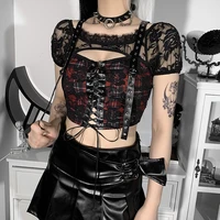 goth dark punk mall goth plaid women sexy tshirts grunge lace patchwork bandage cropped tops bodycon egirl streetwear clothing