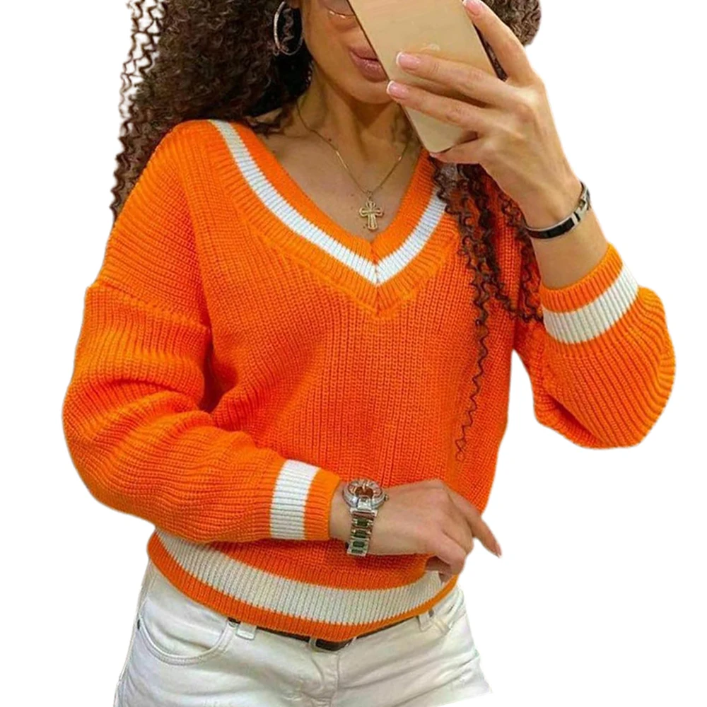 

Casual 2022 Women's V-neck Long Sleeve Knit Chunky Winter Top Jumper Sweater Stripe