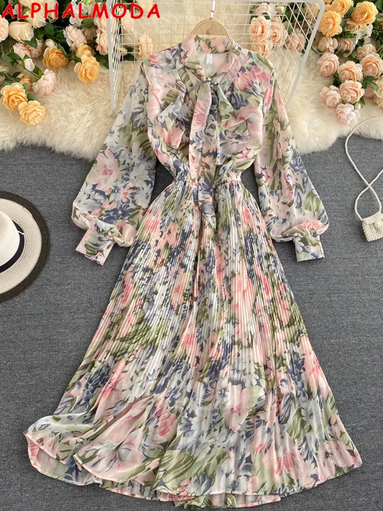 Женское винтажное шифоновое платье ALPHALMODA плиссированное до середины икры с