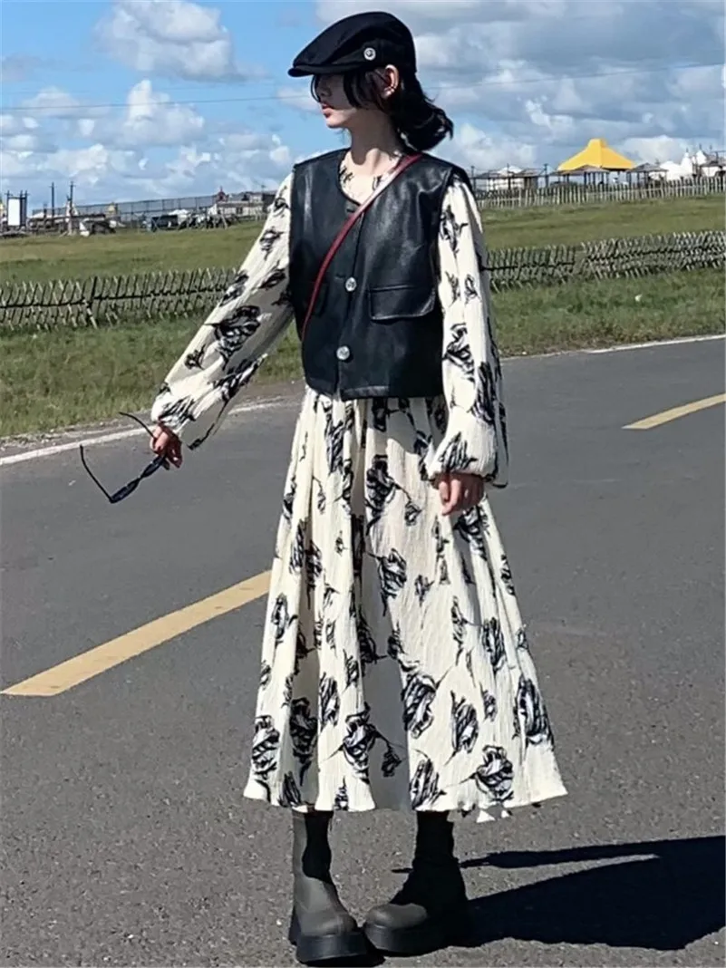 

Spring Chiffon Girl Dress Rose Print O-Neck Lantern Sleeve Elastic Waist Vintage Casual Fashion Elegant Comfortable Vestidos