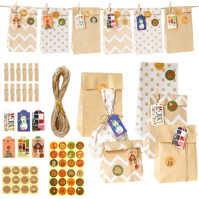 

24 Sets Christmas 1-24 Advent Calendar Kraft Candy Bag with Tags Clips Stickers