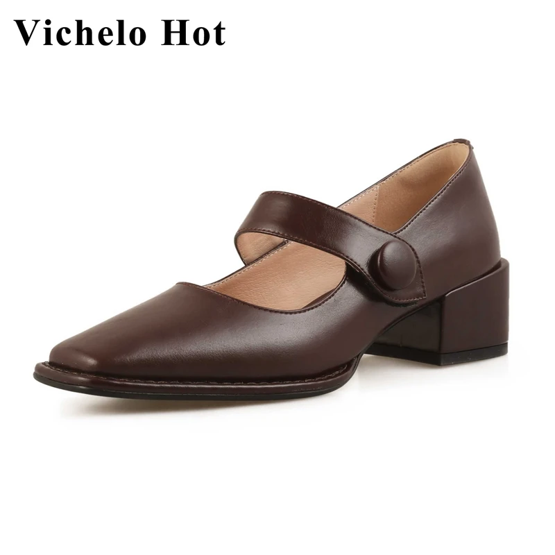 Vichelo Hot cow split leather square toe med heel classic colors simple style young lady daily wear all-match women pumps L26