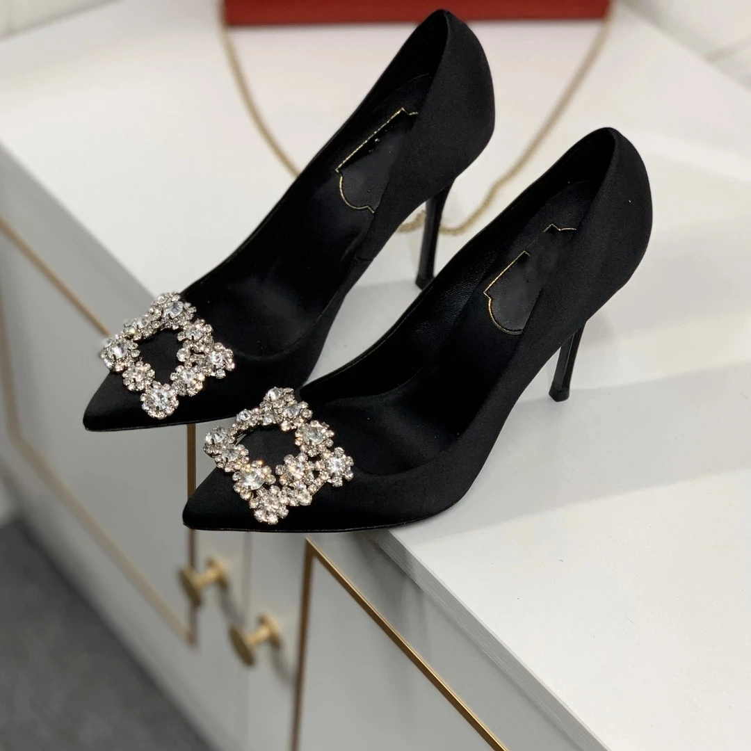 2023 New Style Wedding Shoes Satin High Heel Satin Rhinestone Square Buckle Flat Bottom Bridesmaid Shoes Women