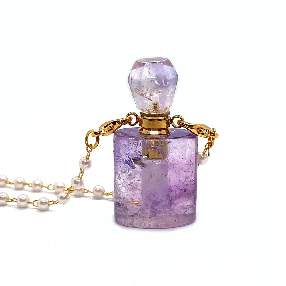 

Natural Stone Amethyst Perfume Bottle Pendant White Crystal Tiger Eye Ladies Necklace Pendant Essential Oil Diffuser Necklace