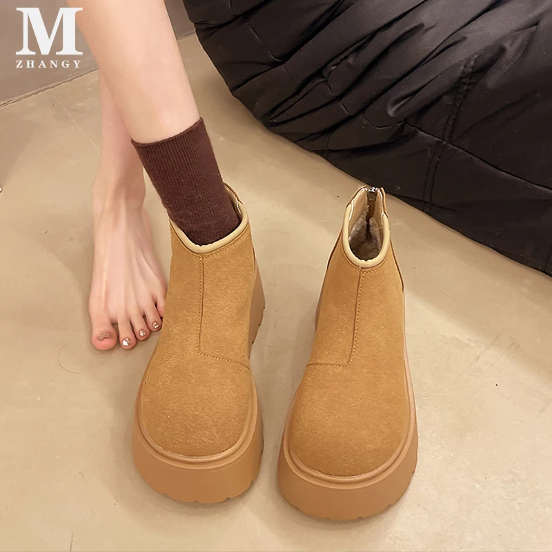 Женские ботинки на плоской подошве платформе ботильоны зимняя замша теплая
