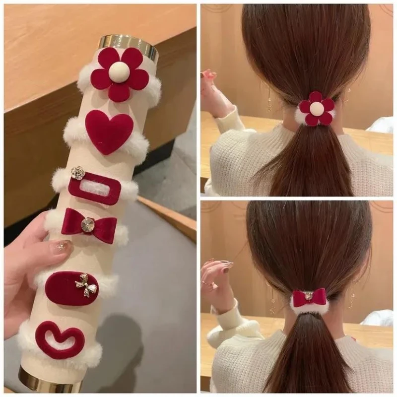 

6/7Pcs/Set Korean Red Flower Hair Rope Elastic Hair Bands Plush Scrunchies Flocking Hair Ring Women Fashion Hair Accessories Red