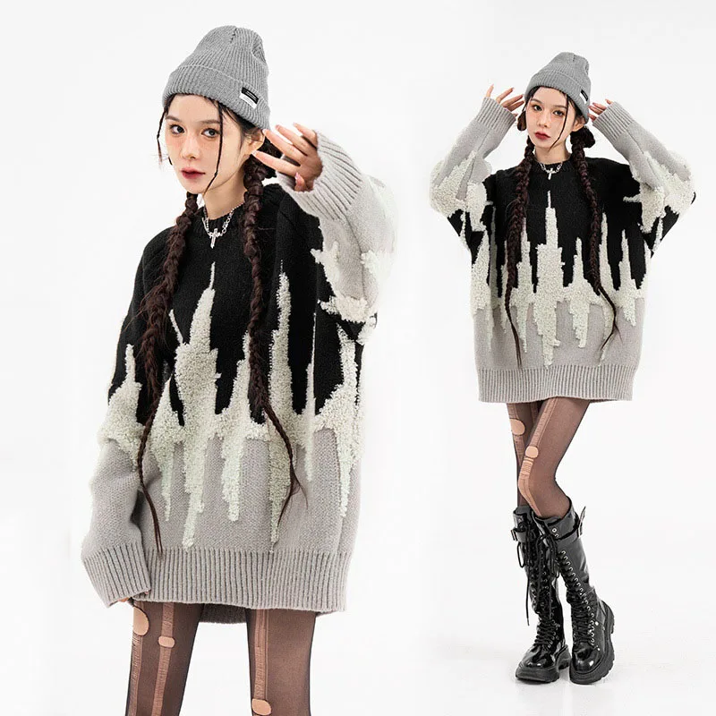 Свитер мужской/женский вязаный в стиле хип-хоп Свободный джемпер с узором