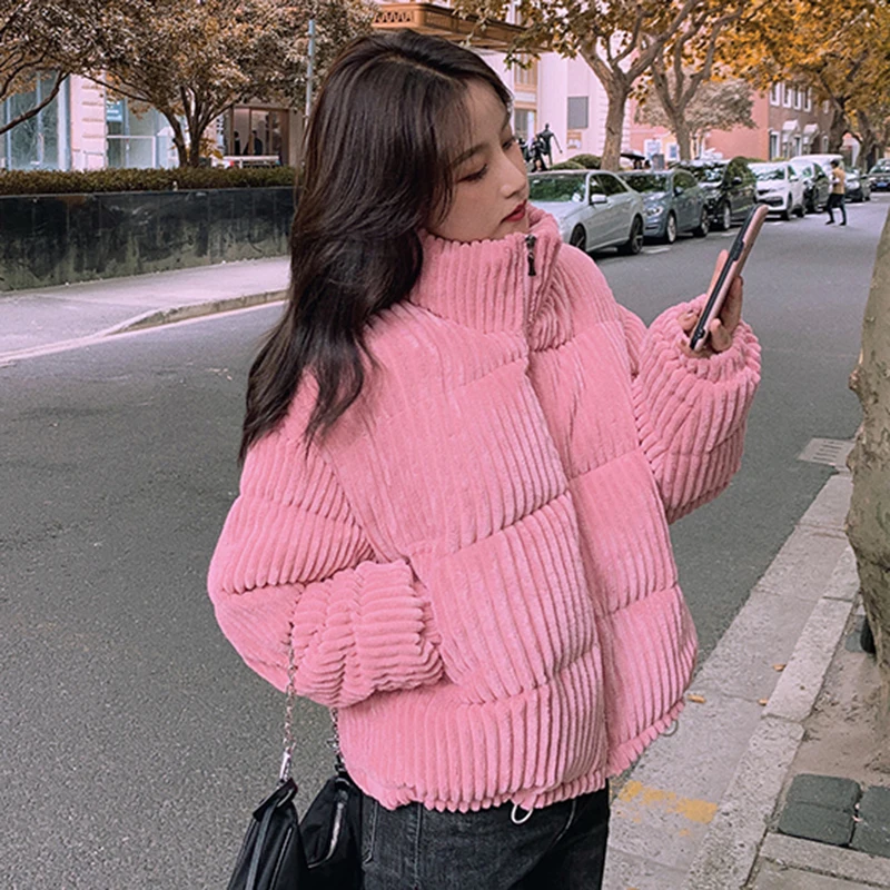 2023 New Winter Corduroy Short Jacket Women Korean Style Thick Zipper Cotton Parkas Woman Stand Collor Warm Outwear Bubble Coats
