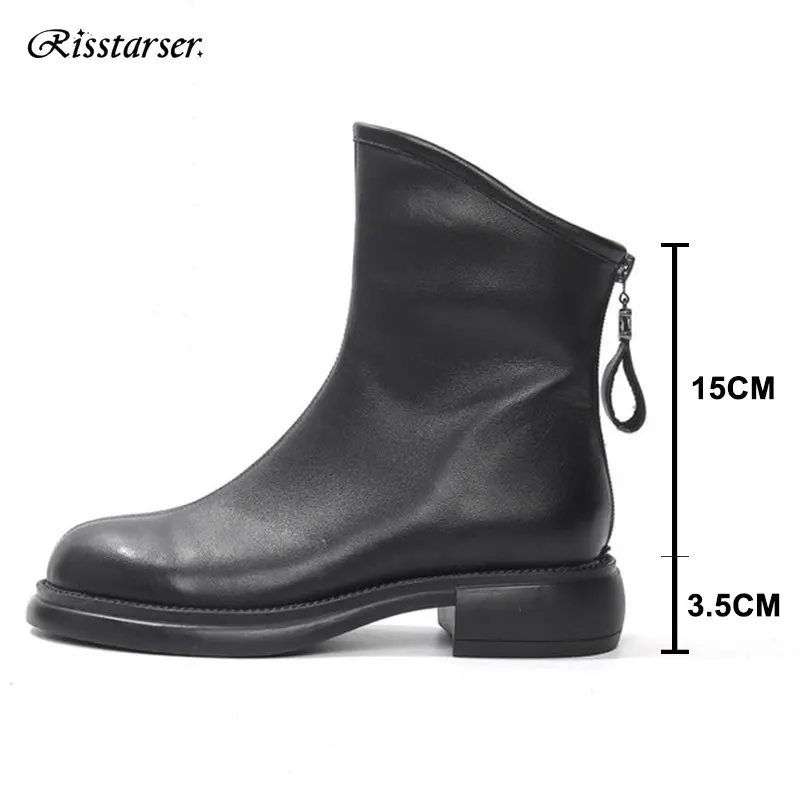 Risstarser Ankle Boots for Women Retro PU Leather Round Toe Zipper Women Short Boots Fashion Platform Shoes Autumn Winter 2022