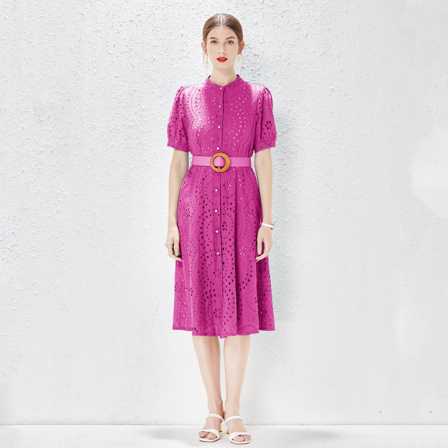 

SuperAen 2022 Vintage Cotton Turn Down Collar Lace Hollowed Out Puff Sleeve Straight Casual Knee-Length Dresses for Women