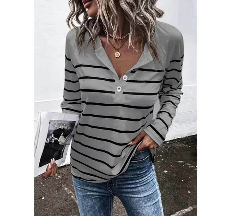 

2023Autumn Winter New Fashion European American Stripe Round Neck Button Casual Loose Long Sleeve Elegant Sexy Women T-shirt Top