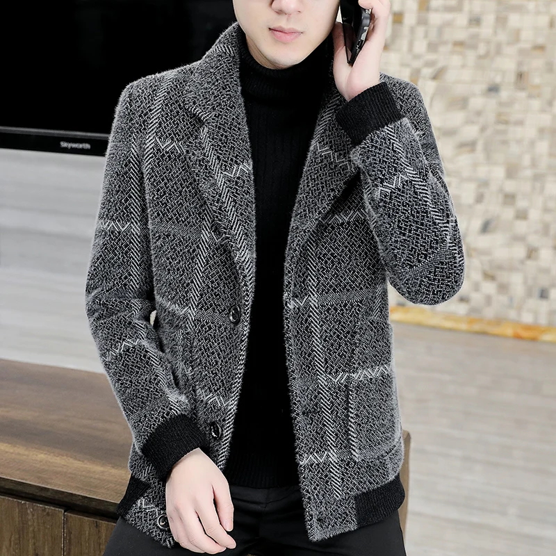 

New men's tweed coat fashion handsome short paragraph thickened suit collar tweed jacket autumn and winter new men's top jacket