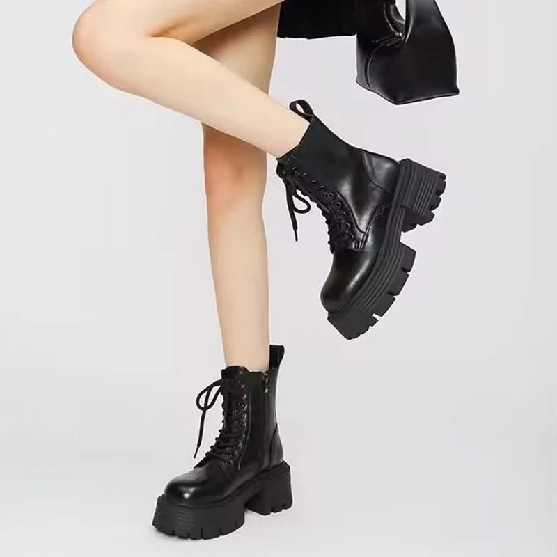 

Chunky Platform Winter Boots Women Lace-Up Square Heels Ankle Boots Woman Autumn 2023 Thick Bottom Non-Slip Motorcycle Botas