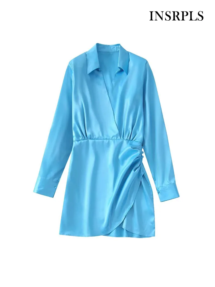 

INSRPLS женское модное Плиссированное атласное мини-платье на пуговицах с запахом винтажные женские платья с V-образным вырезом и длинным рука...