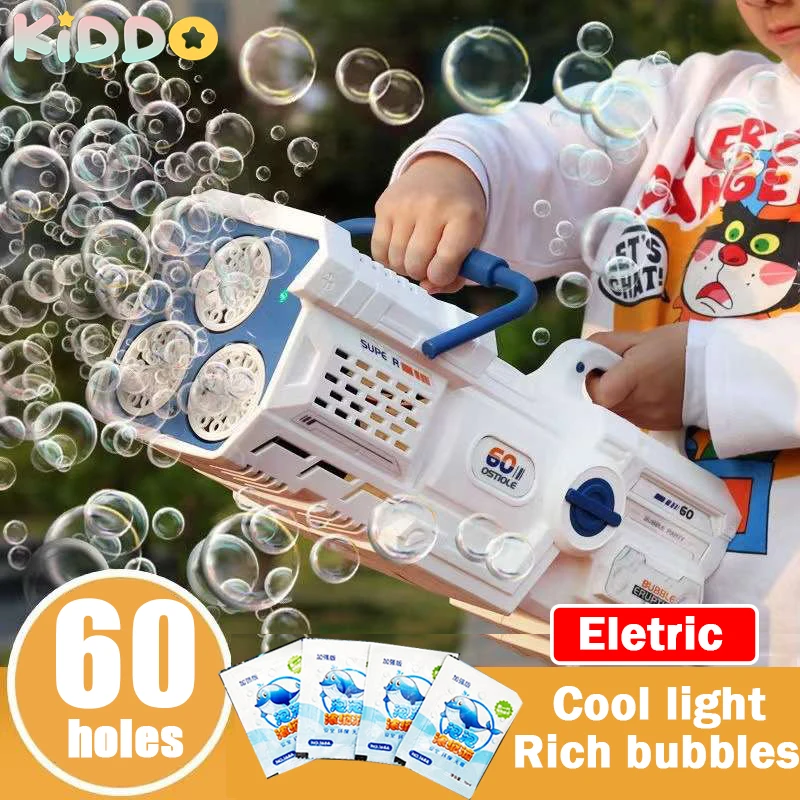 60 Holes Bubble Gun Automatic Electric Rocket Soap Bubbles Magic Machine Outdoor Bath Party Toy LED Light Children's Day Gifts