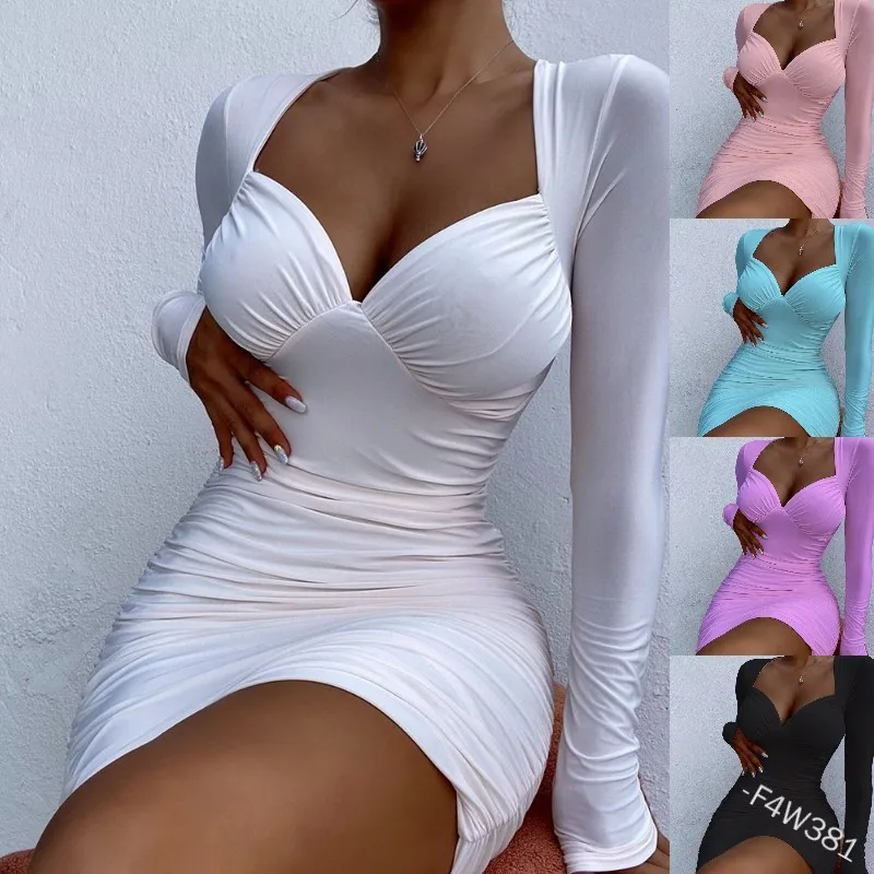 

Women's Dress Sexy Solid Color Slim High Waist Mini Dress Women's Fashion Long Sleeve V-neck Pleated Dress