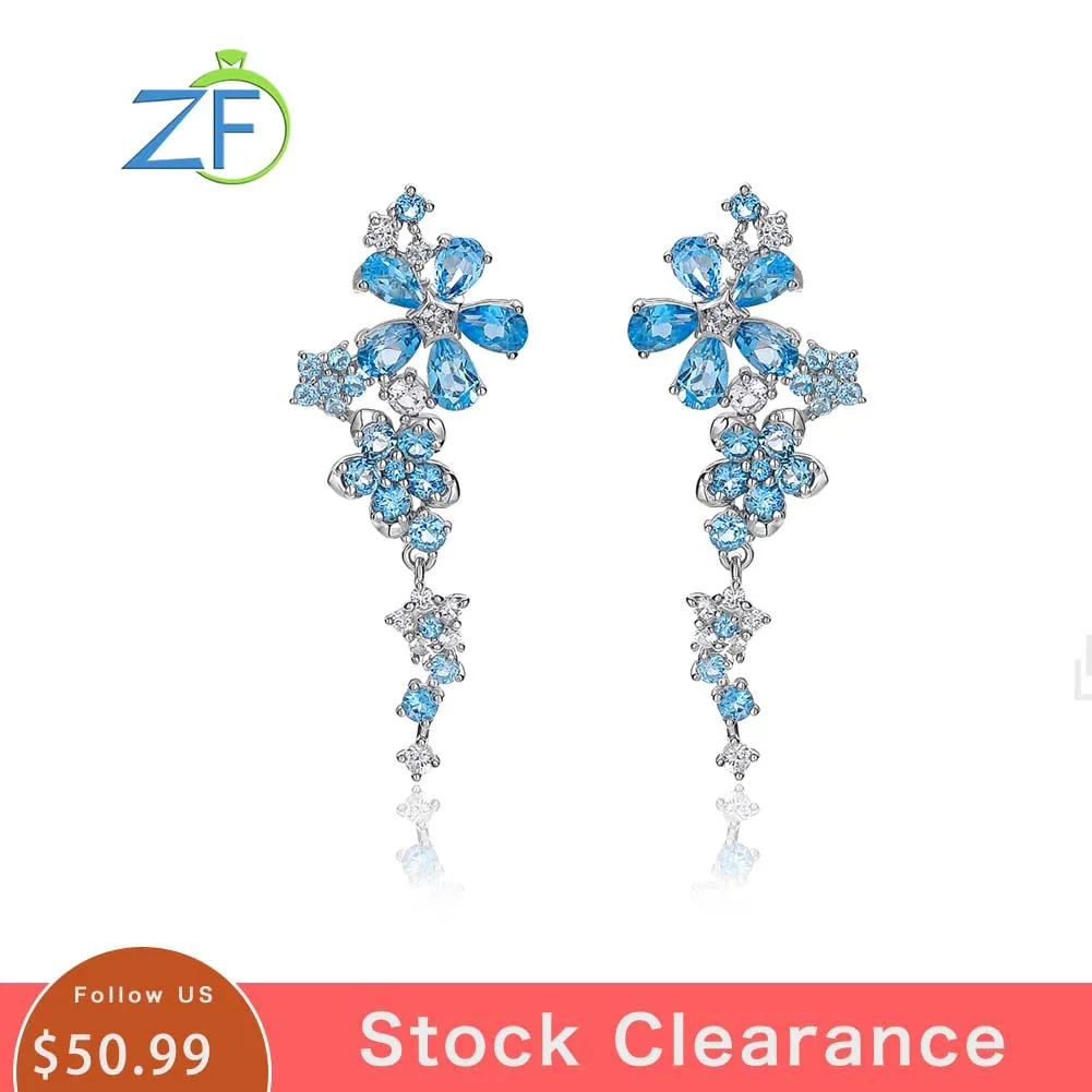 

GZ ZONGFA Original 925 Sterling Silve Flower Drop Earrings for Women Gradient Natural Blue Topaz Gems 4.3ct Charm Fine Jewelry