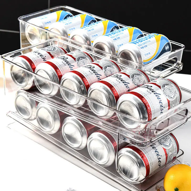 

2-Tier Rolling Refrigerator Organizer Bins Soda Can Beverage Bottle Holder For Kitchen Fridge Organizer Plastic Storage Rack