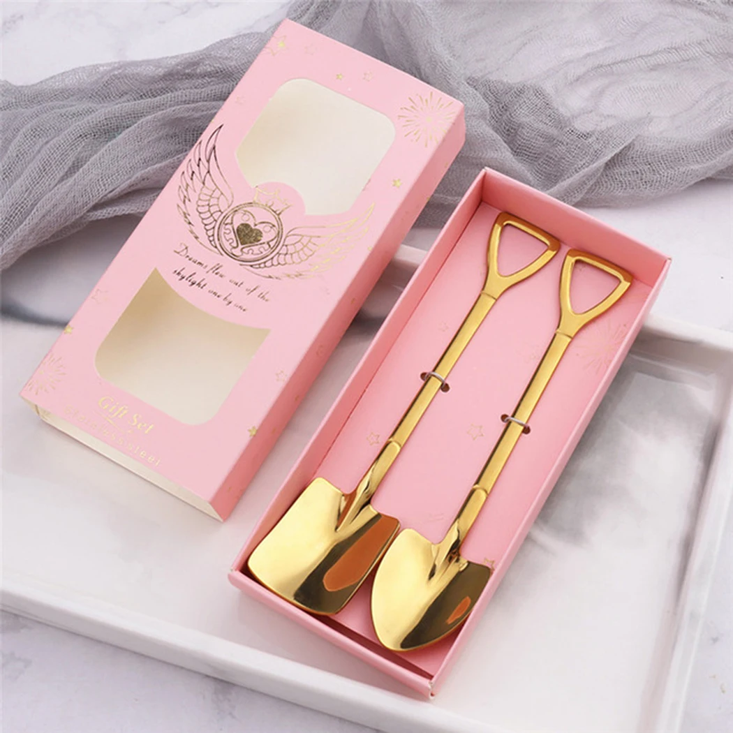 

2Pcs Stainless Steel Spoons Christmas Tableware Ice Cream Coffee Shovel Shape Tea Spoon Afternoon Dessert Fruit Gif Boxed