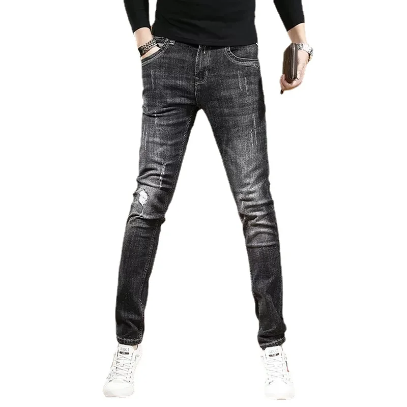 Autumn Black Ripped Jeans Men Casual Slim Fit Straight Pants Streetwear Scratched Denim Trousers