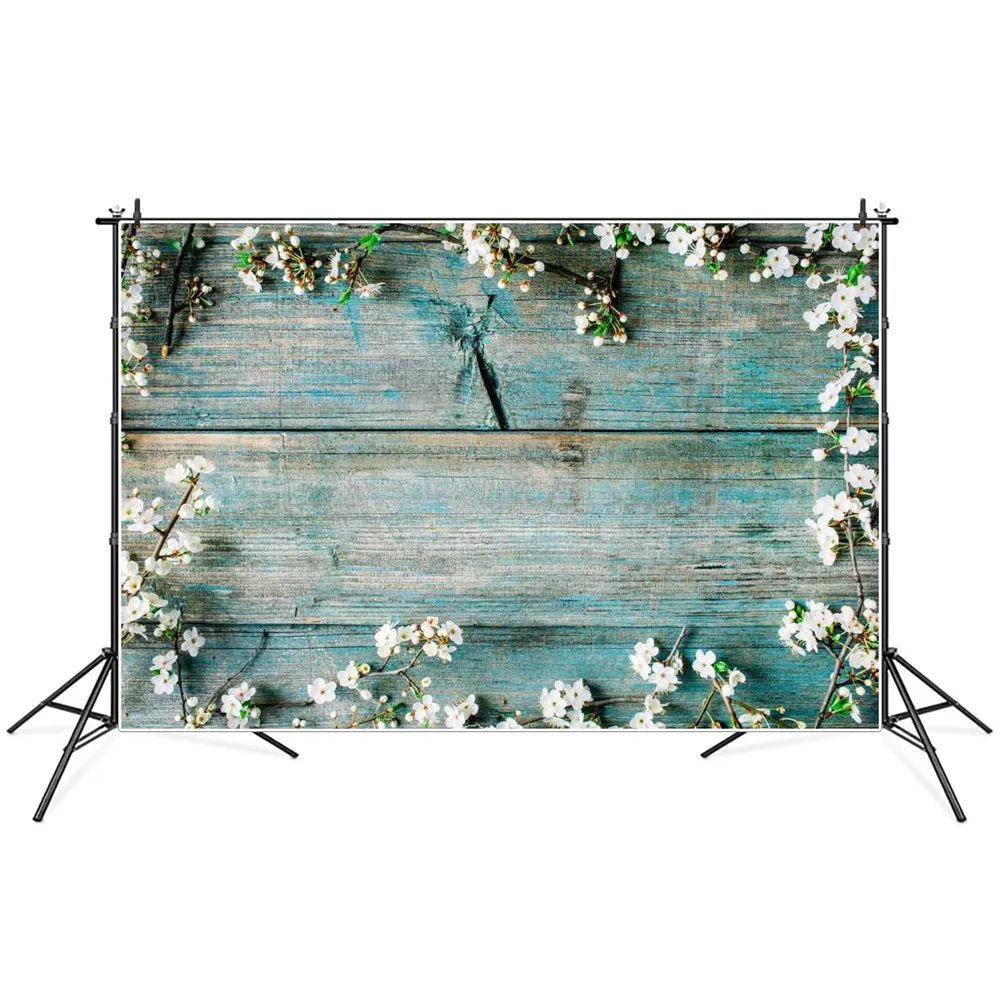 

White Flowers Branches Wooden Plank Photography Backdrops Custom Grunge Faded Lake Blue Wood Board Decoration Photo Backgrounds