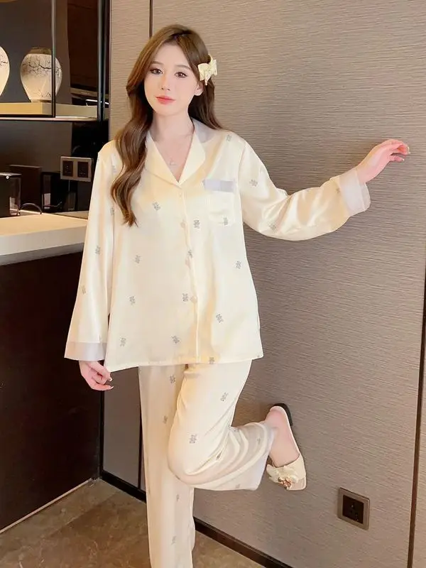 Жаккардовый пижамный комплект с принтом медведя женский милый студенческий