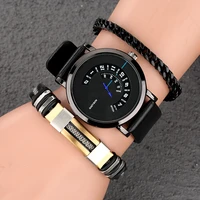 3pcs luxury casual men watch bracelet gift set for male creative turntable leather quartz wristwatches regalos para hombre