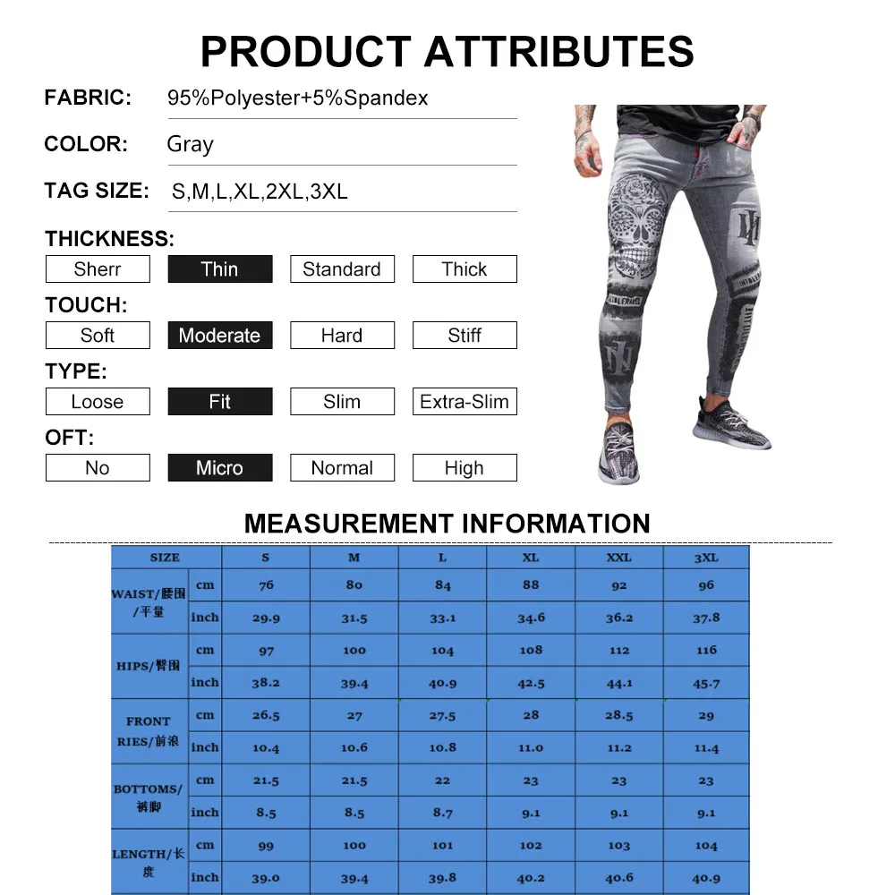 Men Jeans Stretch Denim Skinny Pants Slim Fit Printed Gray Jeans Causal High Wasit Printed Zipper Fly Male Denim Pencil Trousers