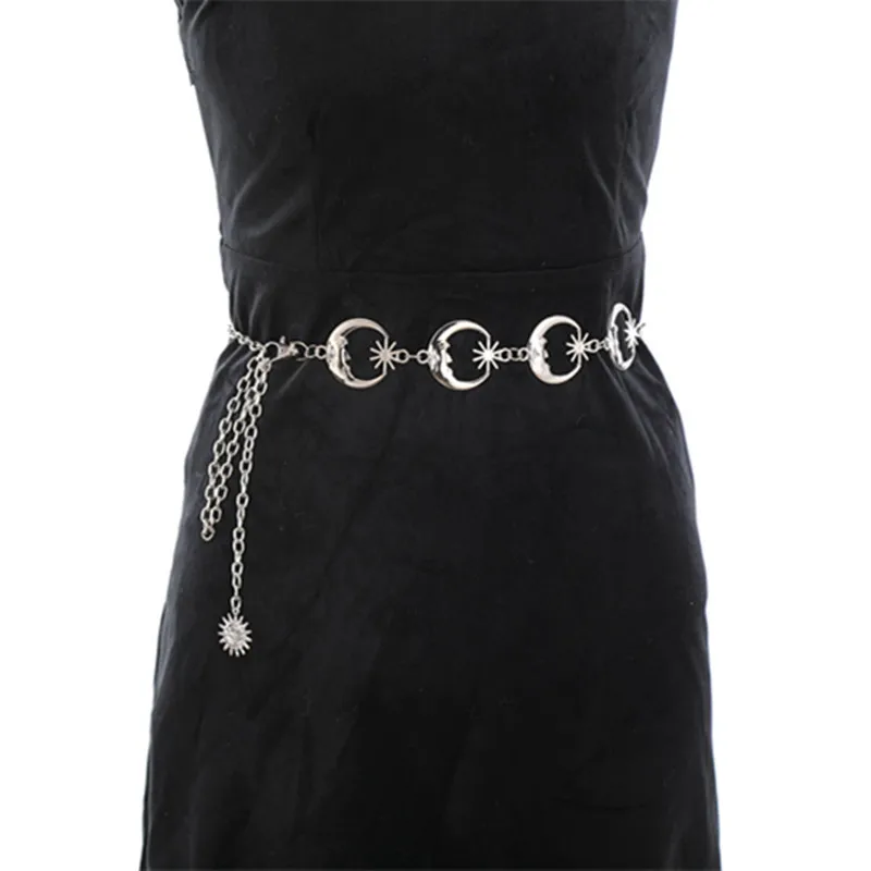 Women Fashion Belt Hip High Waist Gold Silver Narrow Metal Chain Gothic Moon Sliver Pendant Belt Female Vintage High Waist Chain 5 Women Fashion Belt Hip High Waist Gold Silver Narrow Metal Chain Gothic Moon Sliver Pendant Belt Female Vintage High Waist Chain 5
