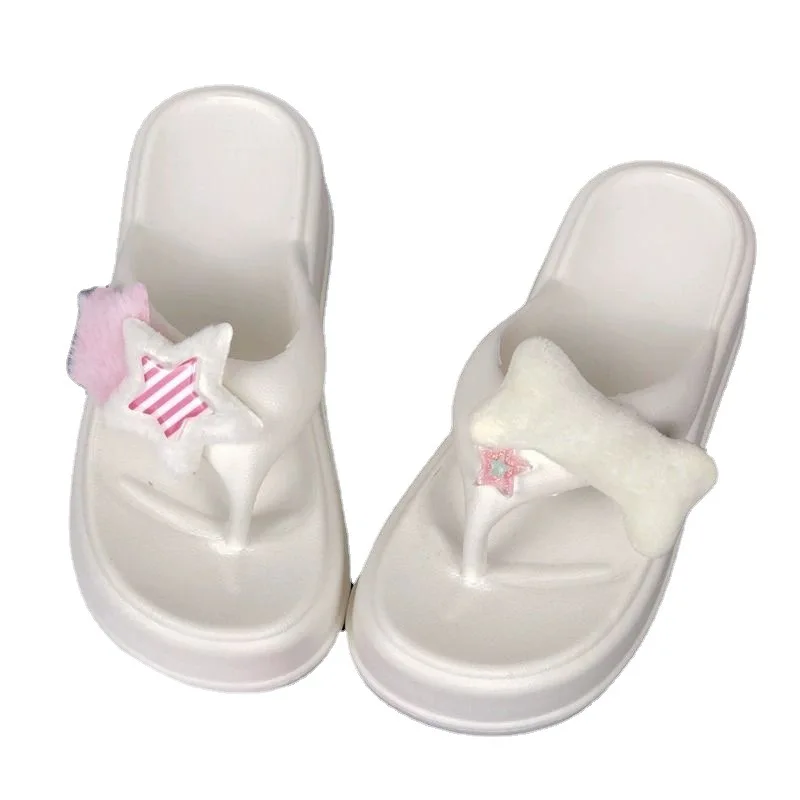 Summer new 7cm thick soled women's Flip-flops plush accessories outdoor high anti-skid beach shoes solid casual home slippers