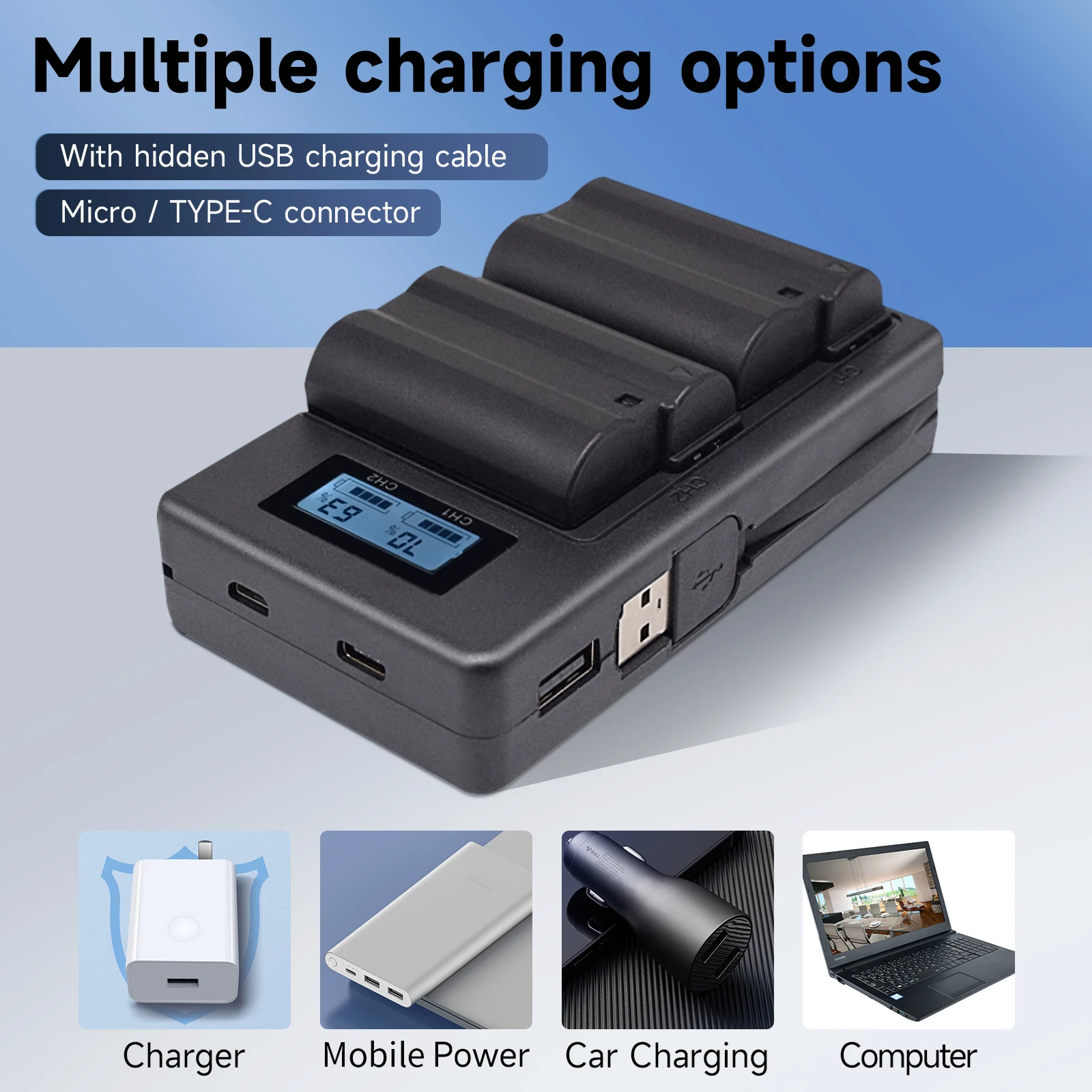 Фото Аккумулятор EN-EL15 EN-EL15C + зарядное устройство с двумя USB-портами, аккумулятор для камеры EN-EL15 2850 мАч для Nikon D600 D800 D7000 Z5 Z6 II Z7II D7100 D7200 №1