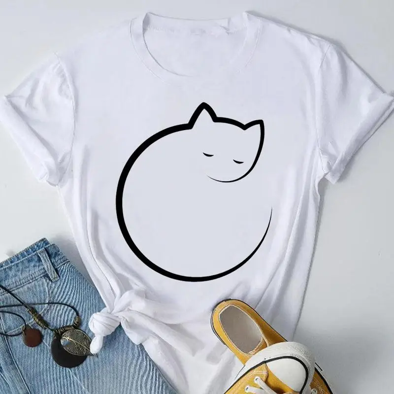 

Футболка женская Повседневная, модная летняя футболка с принтом кошки, милая трендовая Милая футболка 2022 стильная женская футболка с корот...