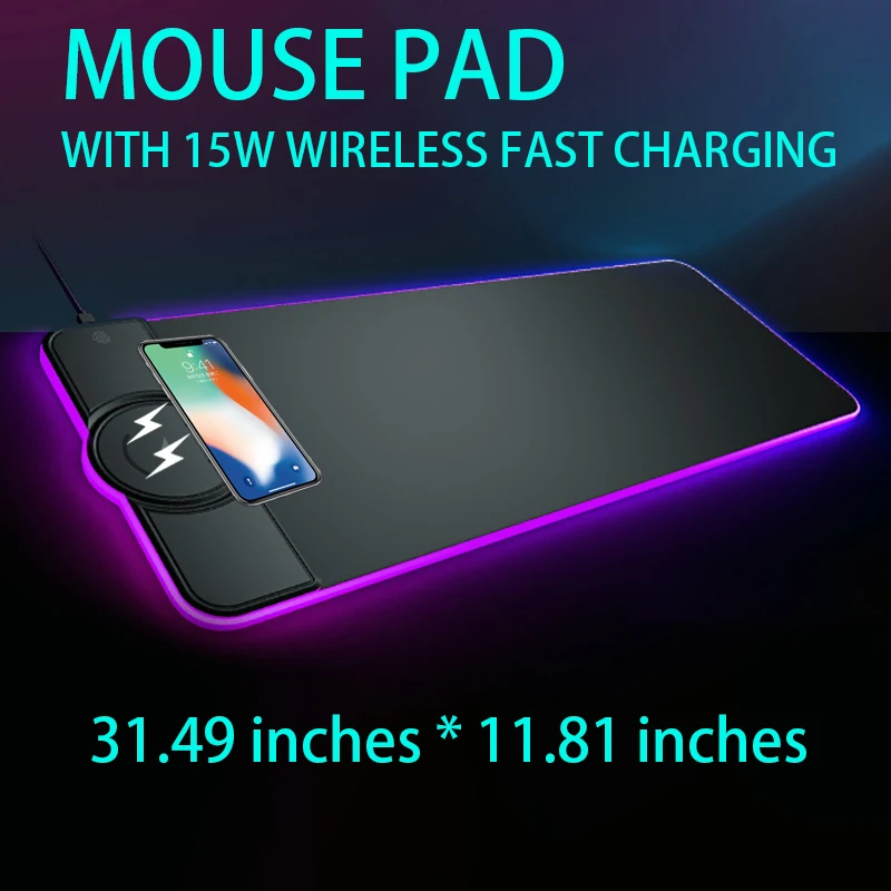 15W Wireless Charging RGB Luminous Mouse Pad Charger for QI Phone XXL Gaming Mousepad Desktop PC Laptop Computer Plate Mat Desks