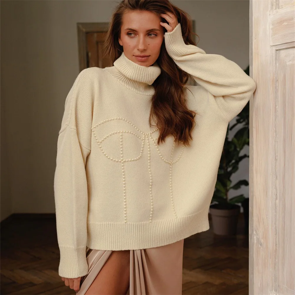 

Роскошный белый свитер с жемчужным пэчворком с воротником-хомутом, пуловер, топ, джемпер с длинным рукавом, серая винтажная трикотажная одежда, женский зимний наряд