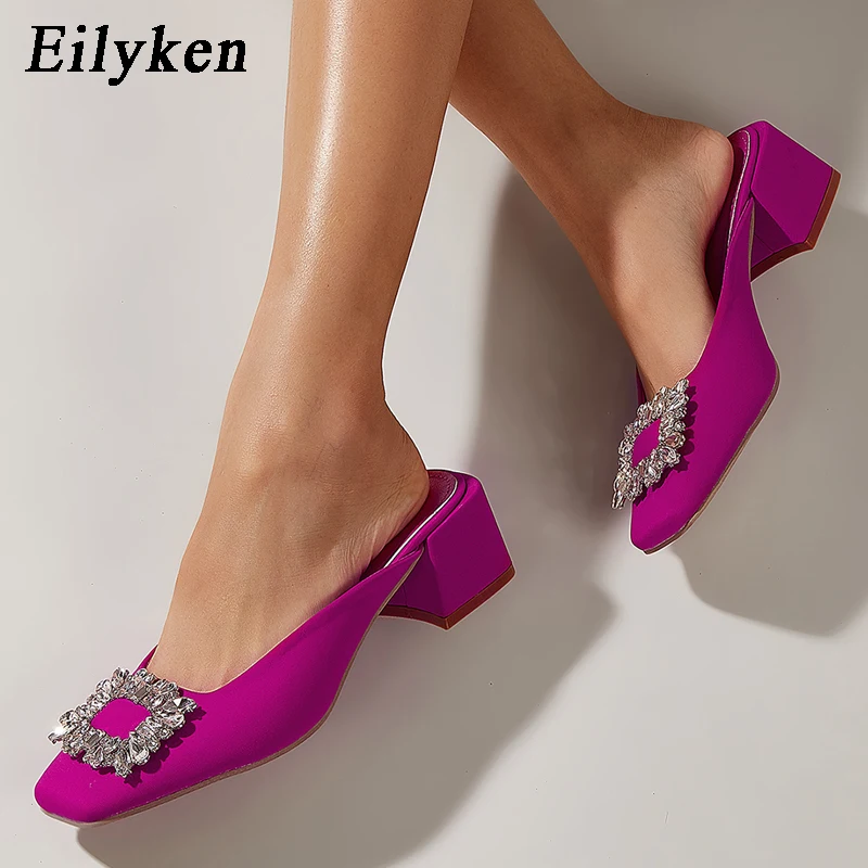 

Eilyken New Style Square Toe Crystal Diamond Mules Women Slipper Fashion Design Thick Low Heels Office Work Slip On Sandals Shoe