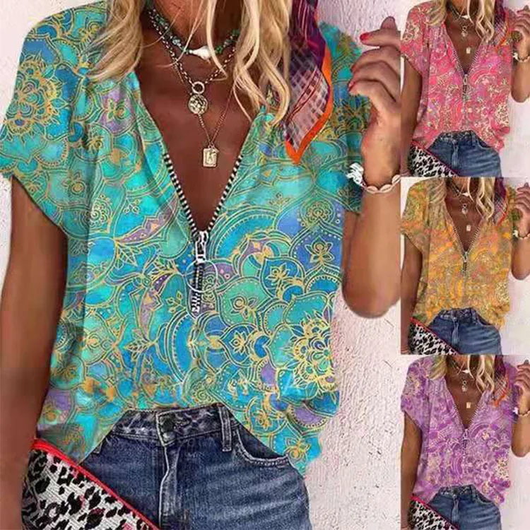 

Women's Top 2022 Summer New Pullover Short Sleeve Printed Zipper Shirt Women
