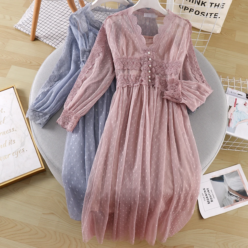 

New net yarn long dress gentle fairy super fairy sweet net red two-piece suspender V-neck dress