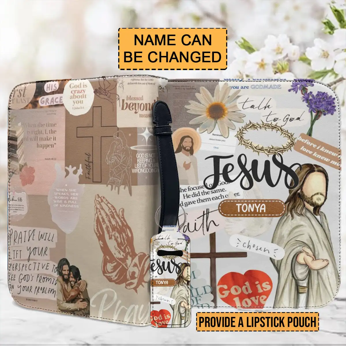 

Bible Cover Beautiful Flowers Christian Jesus Print Bible Protective Case Practical Item Storage Handbag （None Small Pendant )