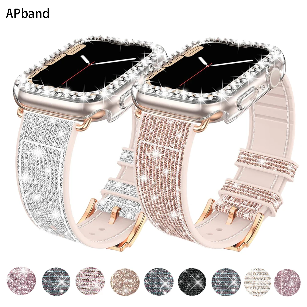 Силиконовый чехол + кожаный ремешок для Apple watch band 41 мм 45 40 44 38 42 блестящий браслет