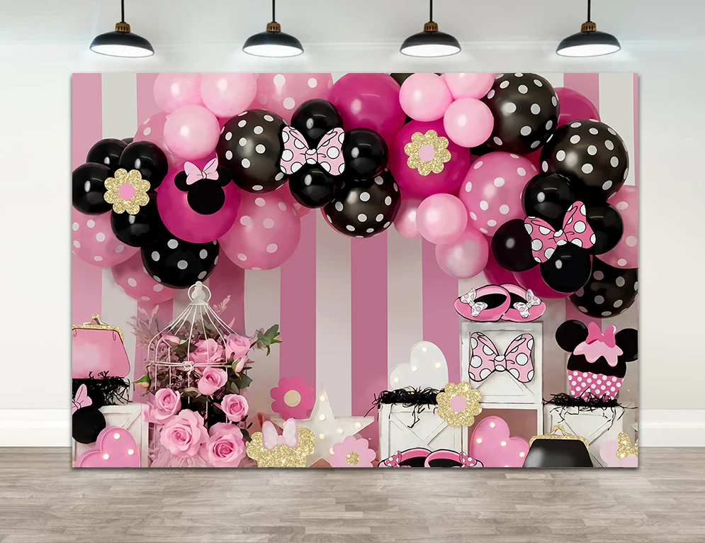 

Disney Lovely Pink Minnie Mouse Theme Party Backdrop Cartoon Decoration Girls Birthday Party Pink Glitter Photography Background