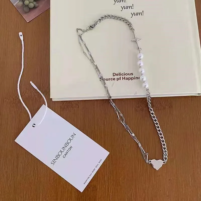 Цепочка на шею с жемчугом женская ассиметричная двухслойная цепочка в стиле