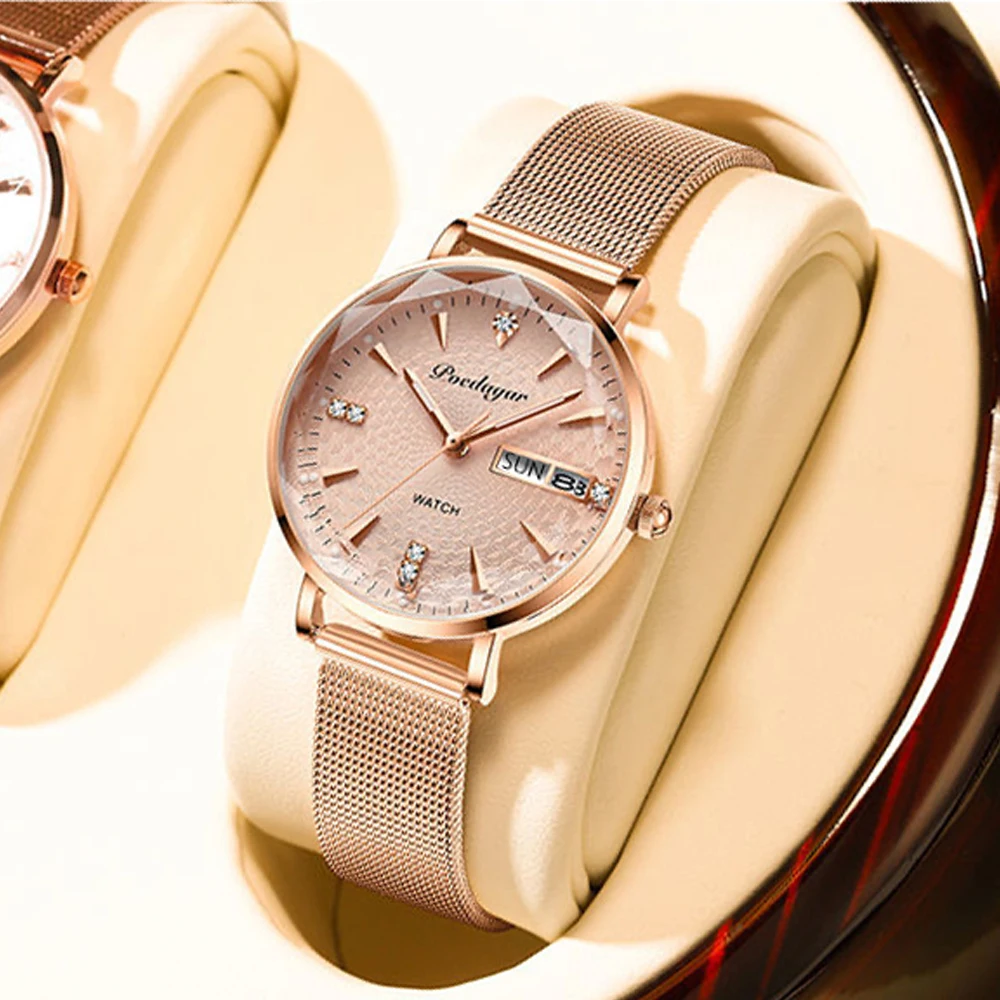 Swiss Brand POEDAGAR Women Watches Luxury Rose Gold Mesh Wristwatch Fashion Simple Waterproof Date Ladies Watch Bracelet Clock enlarge