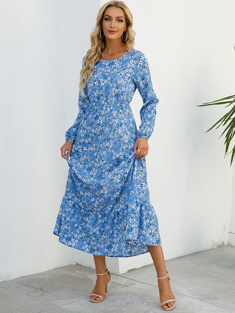 

Elegant Floral Print Long Sleeve Dress For Women 2022 Summer Autumn New O Neck Casual Ladies High Waist Party Long Dresses