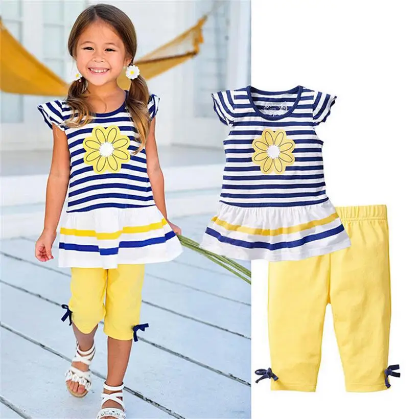 

Hot Sale 2pcs Grils Clothing Set Children Summer Brand Clothing Kids Daisy Dress + Cropped Pants Suit Girls Clothing Sets