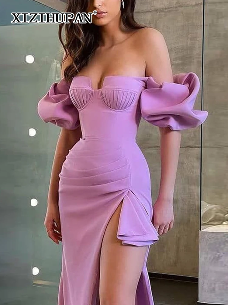 

XIZIHUPAN Korean Style Solid Slim Dress For Women Slash Neck Puff Sleeve Gathered Waist Asymmetrical Hem Dresses Female 2022 New