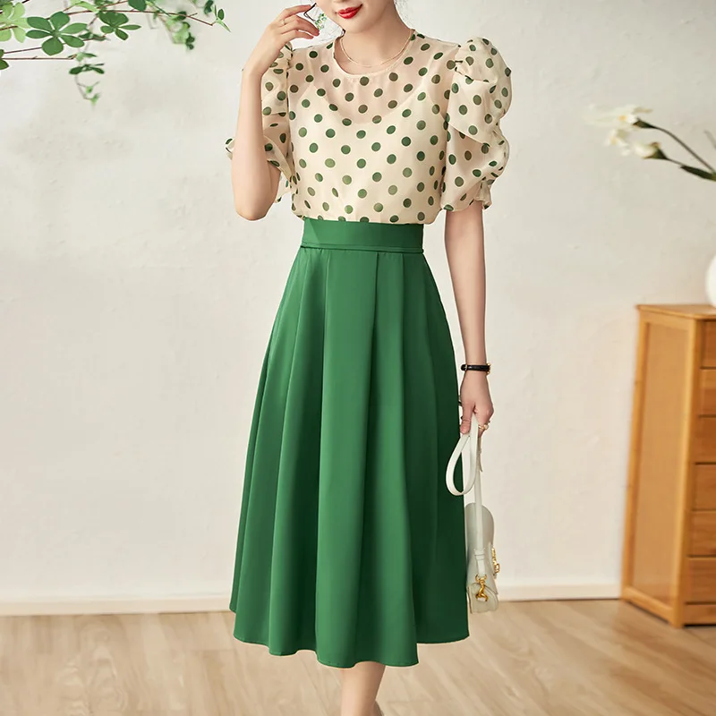 

Commuting Polka-dot Puff Sleeve Shirt Top Solid Color Swing A-line Skirt Two-piece Suit 2 Piece Sets Womens Outfits Casual